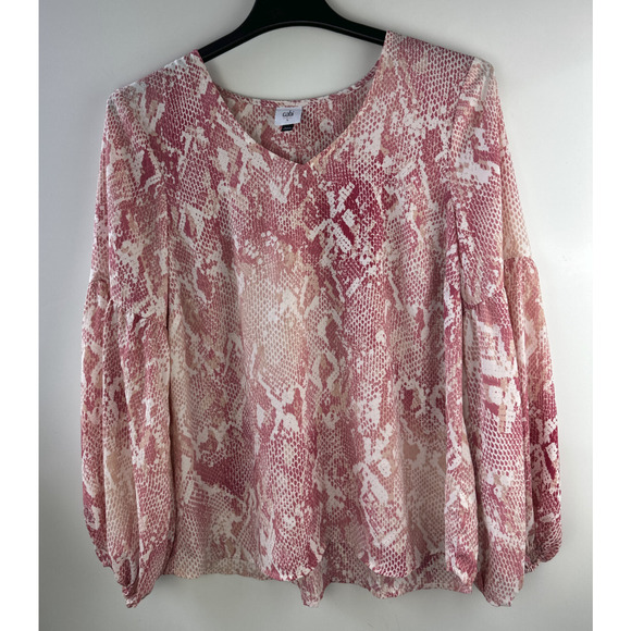 Cabi Bethany Snake Print Blouse Pink White Long Blouson Sleeve 5708 Women Large - Picture 10 of 11